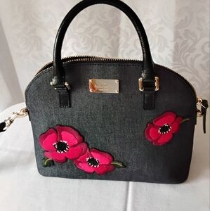 Kate Spade Denim Mini Carli Denim Satchel with Red Floral Design